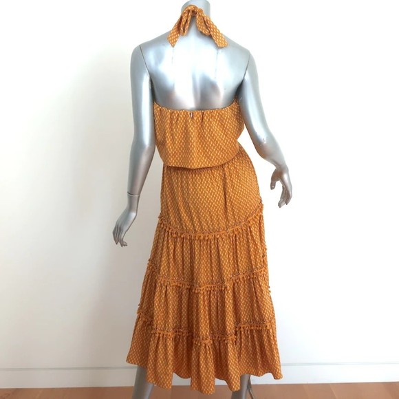 MISA Halter Midi Dress Asya Pom Pom Trim Marigold Block Print Size Small - Picture 4 of 7